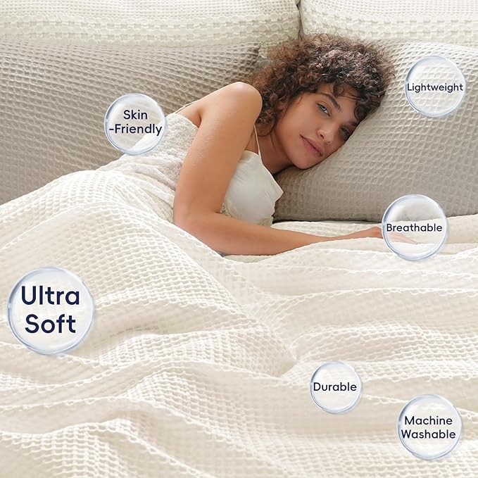 PHF Ultra Soft Waffle Weave Throw Blanket 50"x 60"- Washed Lightweight Breathable Cozy Woven Blanket for Bed - Aesthetic Decor for Couch Bedding Sofa Home Car - Coconut White