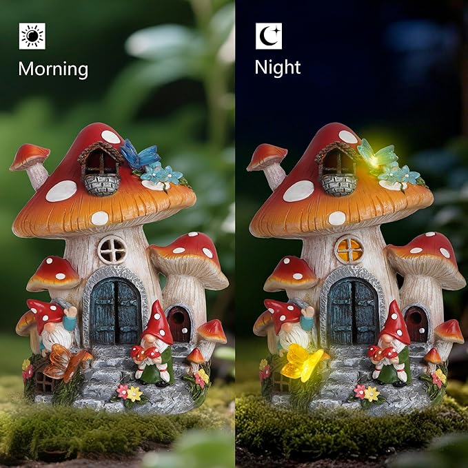 Hodao Spring Garden Mushroom Gnomes Decorations Mushroom House Ornaments Decor for Porch, Garden Yard Spring Lighting House for Outdoor Decor Birthday Gifts for Mom, Grandma,Women
