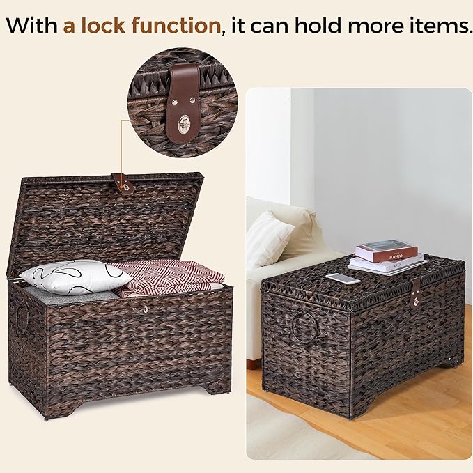 Handwoven Storage Basket with Lid, 165L Plastic Rattan Storage Bin, Leather Buckle & Metal Frame, Large Metal Ring Handles, Storage Trunk for Bedroom, Laundry Room