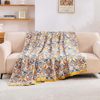 Boho Blanket Throw Quilt, 100% Cotton Soft Light Weight Throw Blankets for Summer, 50"x60" Farmhouse Flower Decorative Blankets, All Season Rustic Reversible Bohemian Throw Quilt