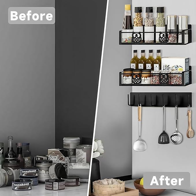 3 Pack Moveable No Drilling Heavy Magnet Spice Rack for Refrigerator Organizers and Storage,Space Saving Kitchen Organization with Magnetic Hooks,Owl Kitchen & Home Decor(Black)