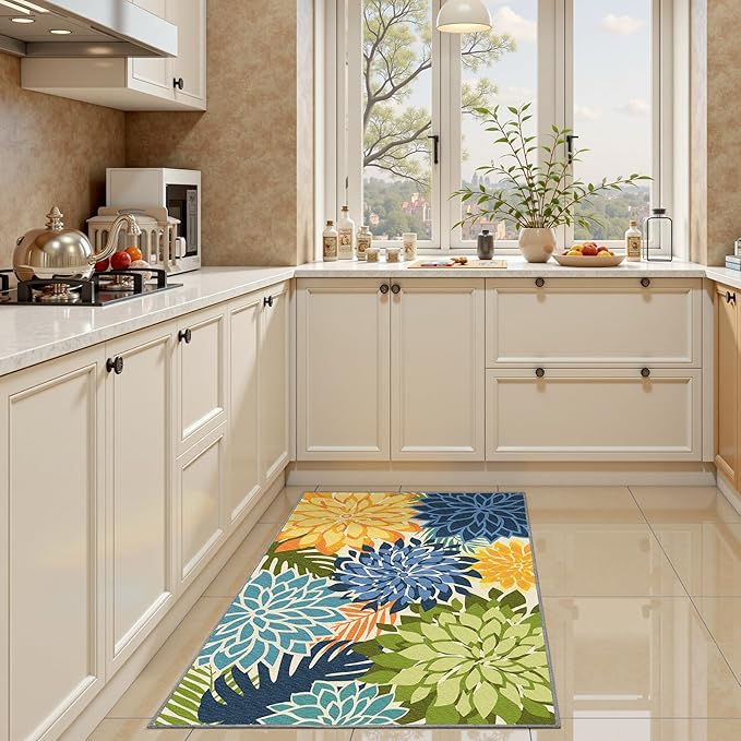 Area Rug 2x3 Yellow Green Washable Entry Small Rug Multicolored Tropical Botanical Modern Floral Indoor Kitchen Door Mat Entrance Carpet Non Slip for Bedroom Living Room, Porch