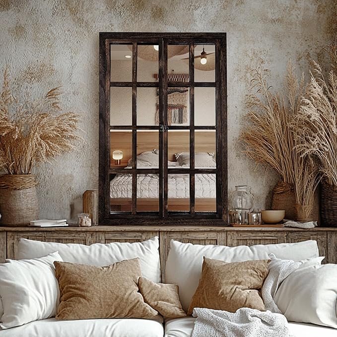 Wall Mirror with Window Design, 38"x26" Rustic Farmhouse Wood Mirror for Wall Decor, Decorative Vintage Mirror for Living Room, Bedroom, Entryway