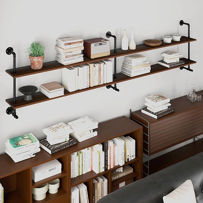 Industrial Pipe Wall Shelves Pipe Shelving with Real Wood Plank,70 Inches Floating Shelves for Wall Farmhouse Pipe Book Shelves Dark Brown 2 Tier for Kitchen,Living Room Decor and Bar Shelving