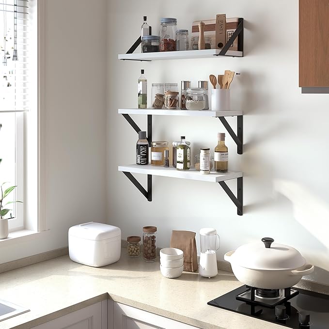 Heimlove Floating Shelves for Wall, 16 Inch Long Wood Floating Shelves Set of 3, Wall Mounted Hanging Shelf for Bathroom Bedroom Kitchen, White