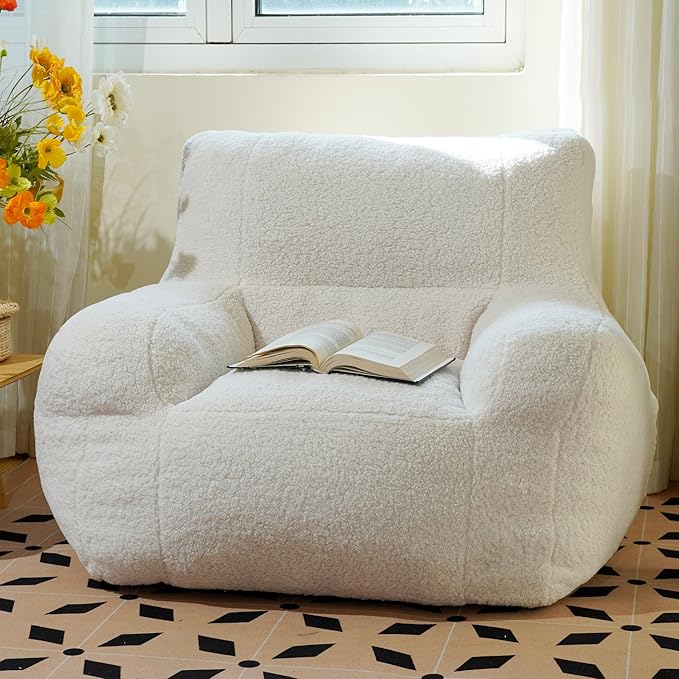 Giant Bean Bag Chair, Lambswool Bean Bag Chair for Adults, Eco-Friendly Filling Soft Bean Bag, White Been Bag for Bedroom, Living Room