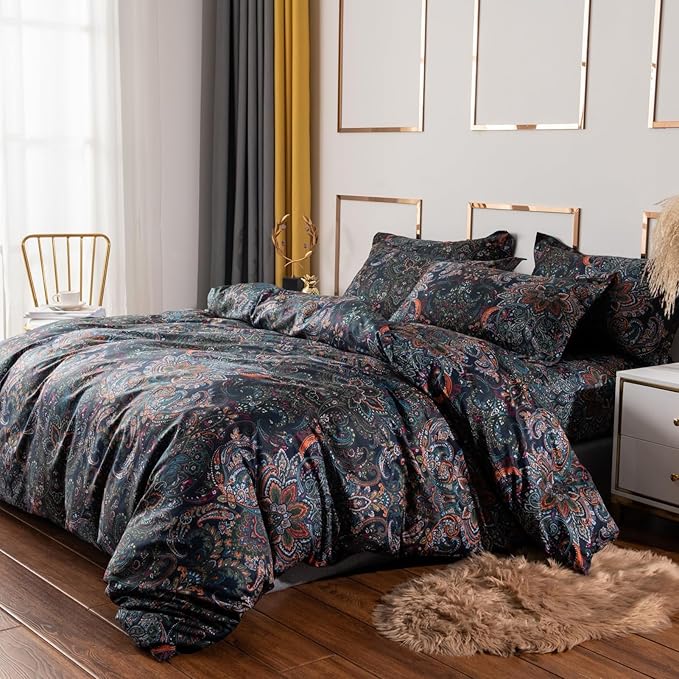 ABREEZE Luxury Vintage Black Duvet Cover Sets Damask Paisley Bedding Set Retro 100% Brushed Cotton Zipper Closure Bedding Collection Queen Size