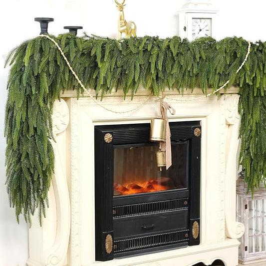 9FT Christmas Norfolk Pine Garland -2PCS, Artificial Pine Needles Garlands Faux Greenery Fake Garland for Holiday Fireplace,Table,Window,Stairs,Mante,Indoor Outdoor Decor