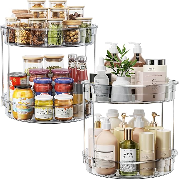 LAMU 2 Pack 2 Tier Lazy Susan Turntable Organizer 12'' Rotating Spice Rack Organization for Cabinet, Kitchen, Pantry, Countertop, Bathroom, Vanity, Medicine Cabinet Organizer, Grey