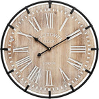 20 Inch Grand Farmhouse Wall Clock, Vintage-Inspired Wood & Metal Design with Large Etched Numbers, Silent Battery-Powered Timepiece for Offices, Kitchens, Bedrooms, and Living Rooms