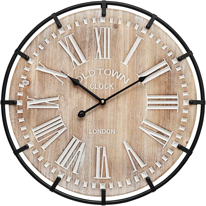 20 Inch Grand Farmhouse Wall Clock, Vintage-Inspired Wood & Metal Design with Large Etched Numbers, Silent Battery-Powered Timepiece for Offices, Kitchens, Bedrooms, and Living Rooms