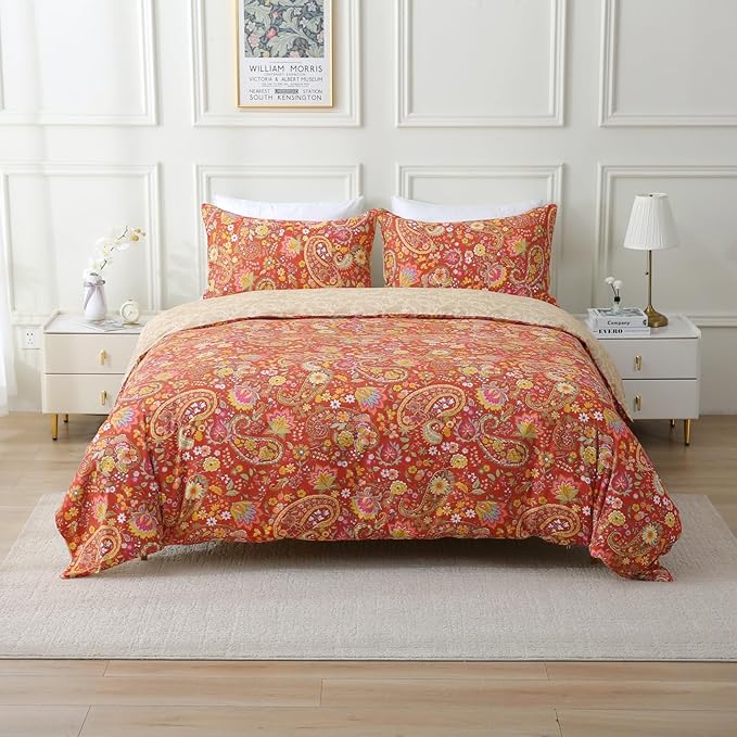 ABREEZE Paisley Bedding Sets 3Pcs Brushed Cotton Duvet Cover Set King Size Rustic Damask Red Floral Comforter Cover with Zipper Closure Boho Bedding Collections