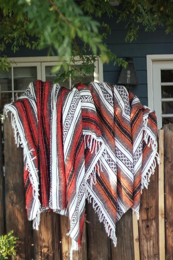 Del Mex Classic Mexican Blanket, Large Authentic Woven Falsa Throw (70"x50"), Artisan Southwest Décor for Beach, Yoga, Outdoors (Red)