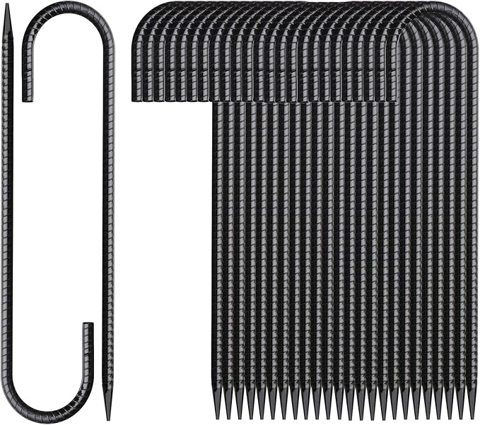 16 Inch Rebar Stakes J Hook 26 Pack Ground Stakes Heavy Duty Tent Stakes with Chisel Point End Chain Link Fence Stakes Galvanized Steel Ground Anchors Metal Spikes Black Coated