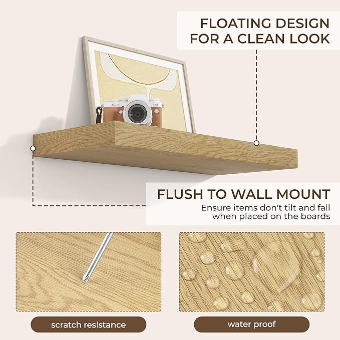 RICHFOCUS 24Inch Floating Shelves for Wall 2 Pack Shelves for Bedroom|Kitchen|Bathroom Wall Mounted Rustic Wood Floating Shelf with Invisible Brackets for Books|Storage|Decor, Oak