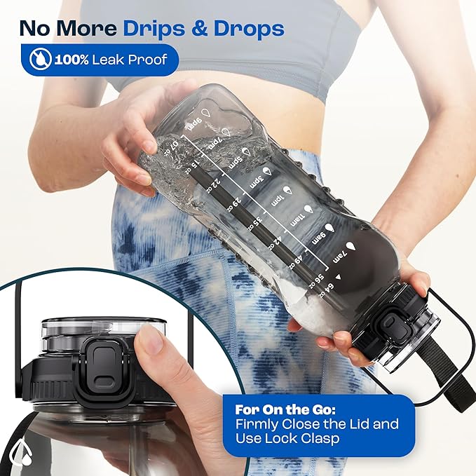 AQUAFIT 64 oz Water Bottle with Time Marker - 2in1 Straw & Chug Lid - BPA Free Big Water Bottle with Straw - Gym Water Bottle with Strap - Water Jug (64 Ounces, Clarity)