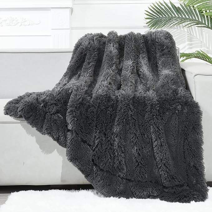 GONAAP Fuzzy Faux Fur Throw Blanket Twin Size Dark Grey Super Soft Cozy Plush Fuzzy Shaggy Blanket for Couch Sofa Bed (Dark Grey, Twin(60"x80"))