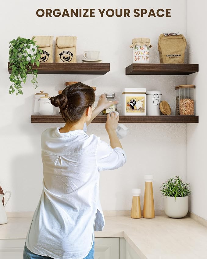 Marsmiles 72" Floating Shelves for Wall, Wooden Shelves with Invisible Brackets Set of 2, Rustic Farmhouse Wall Mounted Shelf for Kitchen Bathroom Living Room Study, Walnut