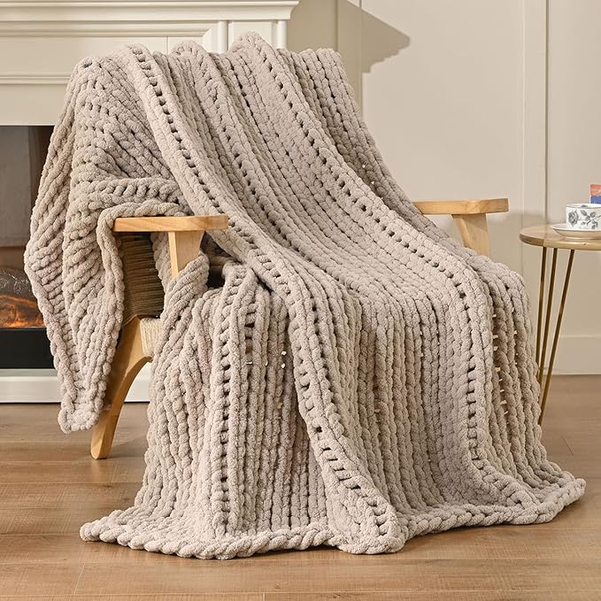 Esterra Chunky Knit Blanket Throw 60"x80", 100% Hand Knitted Chenille Throw Blanket, Cozy Soft Thick Cable Knit Throw Large Rope Knot Crochet Throw Blanket for Sofa Couch Bed, Linen Beige
