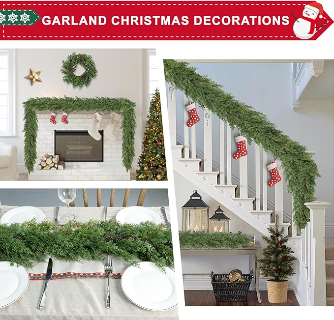 6 Ft Real Touch Christmas Garland,Thick and Lush，Soft Bendable, Lifelike Cedar Garland Realistic, Garlands for Decoration Christmas，Christmas Garland for Mantle,Outdoor Indoor Christmas Decorations