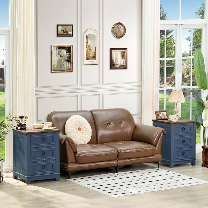 18" Farmhouse Night Stand with 3 Drawers, Wood End Table Dresser for Bedroom, Navy Blue Nightstand, Bed Side Table with Metal Handle, Bedside Cabinet for Bedroom Living Room, Closet