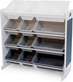 12-Bin Toy Organizer – White/Grey Gradient Ombre Frame with Chalkboard, Eraser & Chalk, Multi-Tier Storage for Kids' Playrooms and Nurseries