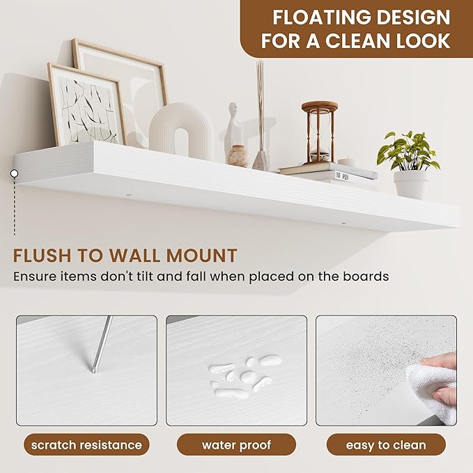 fuqing Floating Shelves for Wall, Bathroom Shelf Wall Mounted for Storage, Shelves with Invisible Bracket for Bedroom, Kitchen, Living Room, Farmhouse Small Book Shelf, 48 Inch Set of 2, White