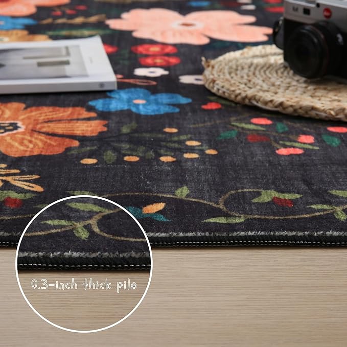 Area Rugs 8x10 Rug for Living Room Clearance Washable Boho Area Rug Non Slip Floral Vintage Low Pile Large Rug for Living Room, Bedroom, Farmhouse, Dining Room, Kids Playroom(Black)