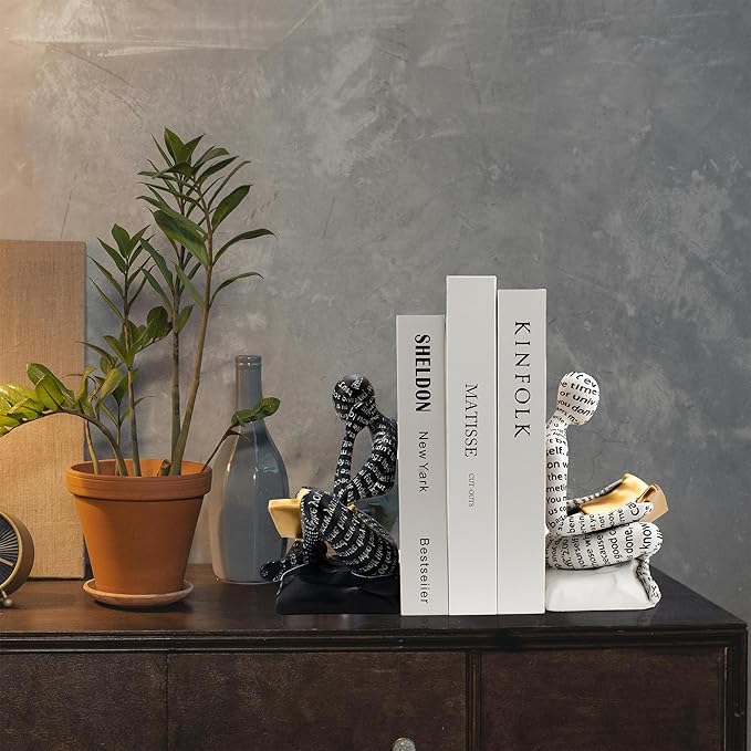 Heavy Duty Book Ends for Shelves, Thinker Decorative Bookends for Heavy Books, Unique Book Stoppers to Hold Book, Bookshelf Accessories, Modern Home Office Decor Aesthetic Black & White