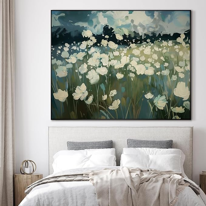 SIGNWIN 46"x60" Extra Large Framed Wall Art White Wildflower Field in Impressionist Style, Soft Floral Landscape for Home Living Room Bedroom Decor (Frame Assembly Required)