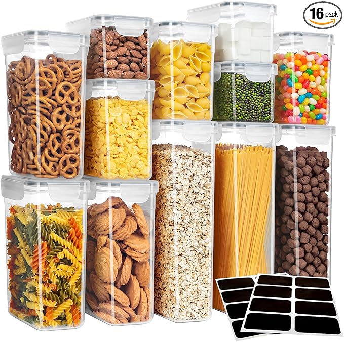 MR.SIGA 16 Pack Airtight Food Storage Container Set, BPA Free Kitchen Pantry Organization, Kitchen Canisters for Cereal, Spaghetti, includes 24 Reusable Sticker Labels