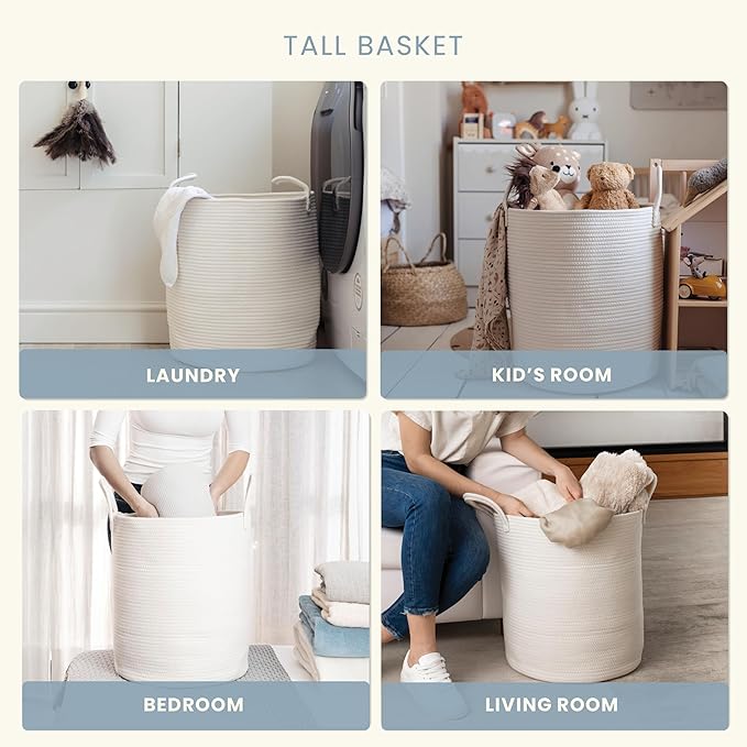 OrganiHaus White Laundry Basket 15x18, Cotton Rope Basket for Blankets, Tall Woven Baskets for Storage, Large Basket for Toys, Soft Blanket Holder Bin, Boho Blanket Basket for Living Room