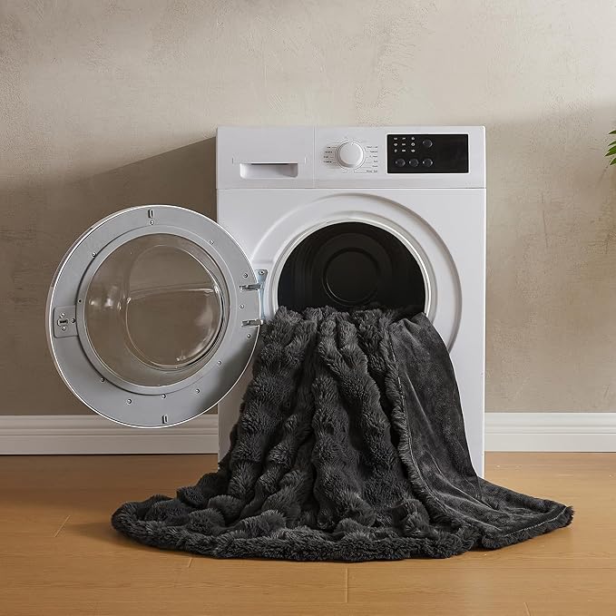JELLYMONI Faux Fur Throw Blanket, Dark Grey, Cozy Plush Bubble Bed Throw, Thick and Warm, 50" X 60"