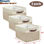 SIMPLE HOUSEWARE Large Fabric Storage Bin, 15" x 11" with Leather Like Handles, 3 Pack, Beige