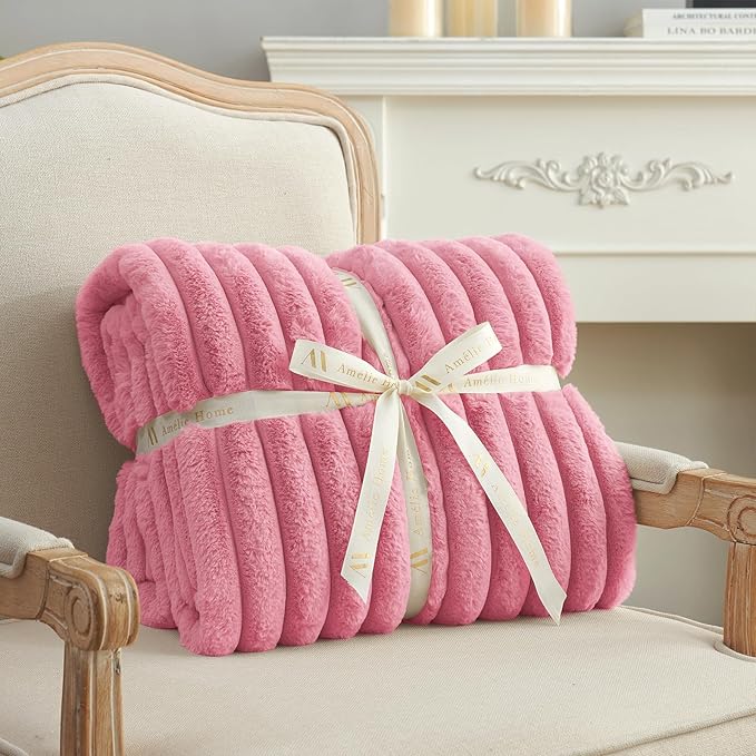 Amélie Home Faux Fur Throw Blanket for Couch, Cozy Fuzzy Fluffy Fur Luxurious Soft Striped Plush Gift Blankets for Family Sofa Chair Bed Living Room Bedroom, 55"x70", Pink