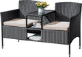 Flamaker Outdoor Furniture Patio Loveseat Wicker 2-Seat with Built-in Table and Cushions Rattan Porch Chairs Bench for Balcony, Lawn, Backyard (Beige)