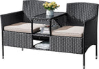 Flamaker Outdoor Furniture Patio Loveseat Wicker 2-Seat with Built-in Table and Cushions Rattan Porch Chairs Bench for Balcony, Lawn, Backyard (Beige)