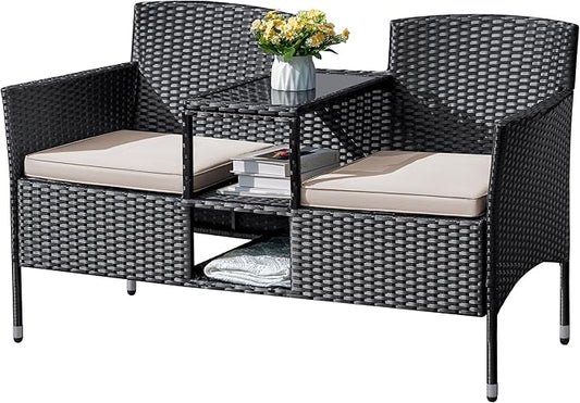 Flamaker Outdoor Furniture Patio Loveseat Wicker 2-Seat with Built-in Table and Cushions Rattan Porch Chairs Bench for Balcony, Lawn, Backyard (Beige)