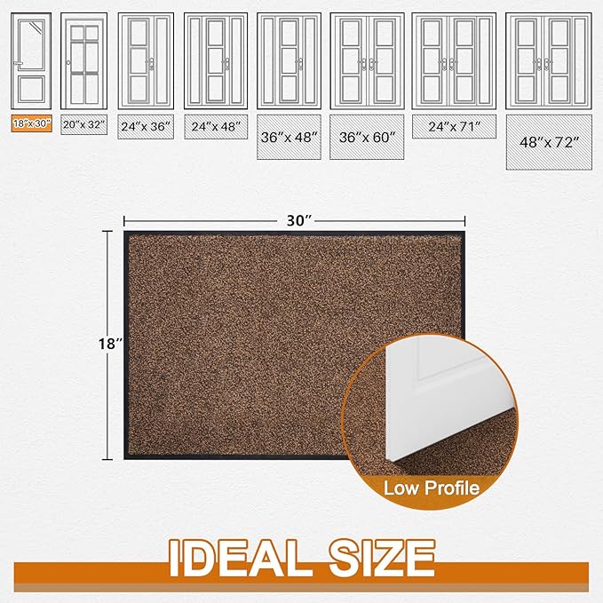 Mibao Front Door Mat, Dirt Trapper Welcome Mat for Outdoor Indoor, Non-Slip Waterproof Doormat, Durable Machine Washable Low Profile Entry Rug for Back Door Outside Patio Porch, 30" x 18", Brown