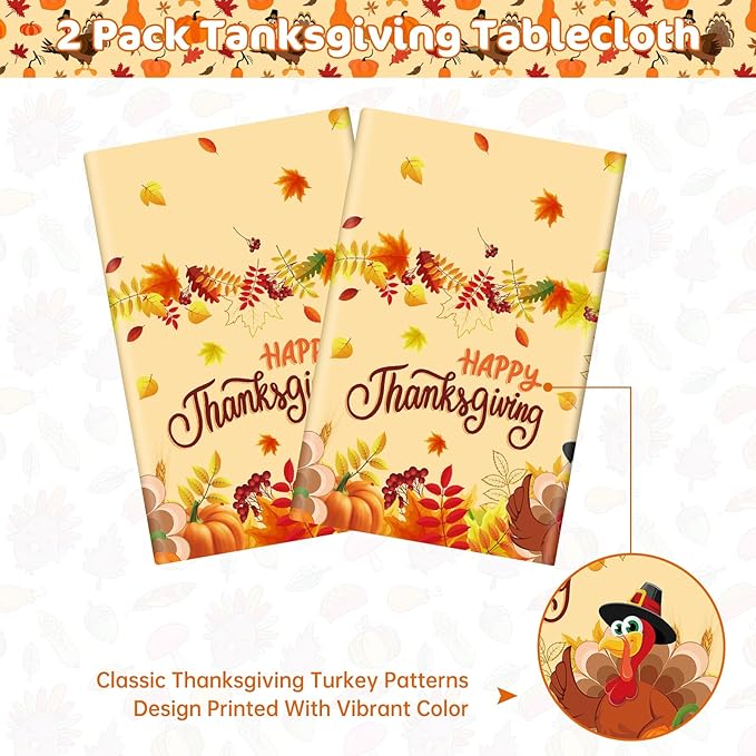 2 Pack Happy Thanksgiving Tablecloth - Fall Thanksgiving Turkey Table cloths, Disposable Plastic Rectangle Autumn Pumpkin Maple Leaf Table Cover for Thanks Giving Tables Decor Party Supplies,108x54In