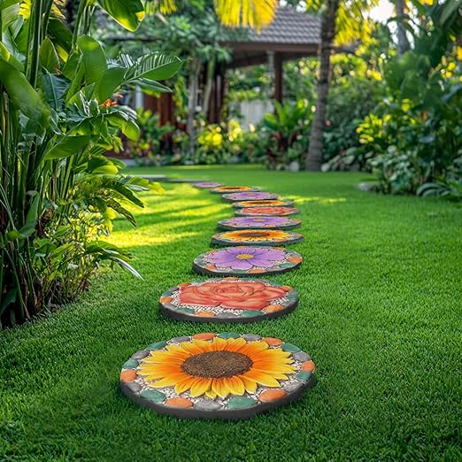 Decorative Rose Garden Stepping Stone - Stepping Stones Outdoor with Colorful Pebble Border, 10x10 inches