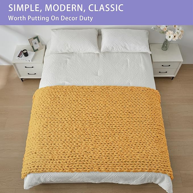Bigacogo Chunky Knit Throw Blanket for Couch, 40x80 inches, 100% Hand Knitted with Thick Jumbo Chenille Yarn, Cozy Soft Large Rope Knot Cable Crochet Blankets for Sofa Bed Living Room, Mustard Yellow