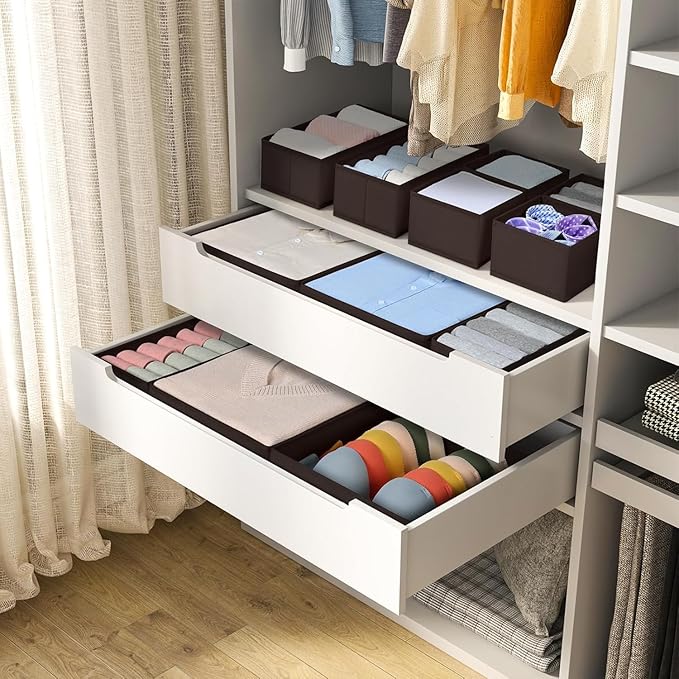 DIMJ Drawer Organizer 15 Pack - Foldable Baby Organizers and Storage & Dresser Organizer for Nursery, Bedroom, Closet - Nursery Organization Dresser Dividers for underwear, Sock, Bra, Belt, Tie, Brown