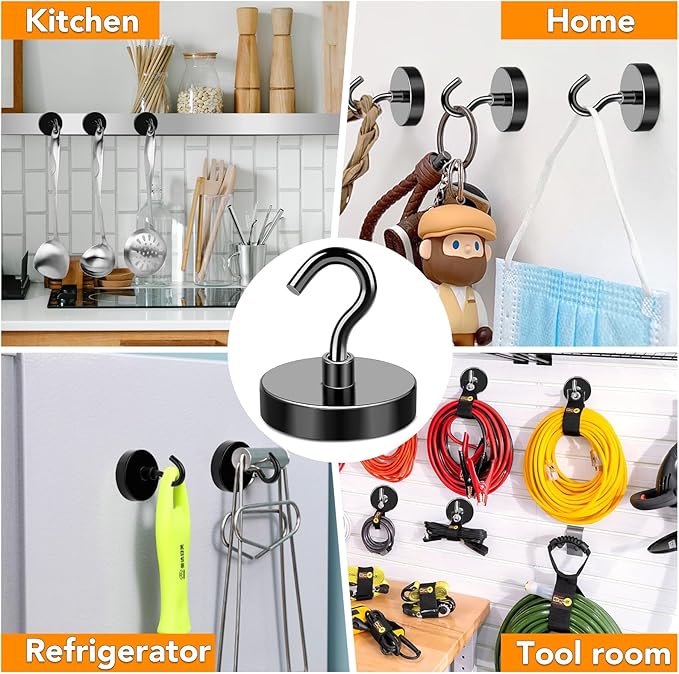 MIKEDE Black Magnetic Hooks Heavy Duty, 150LB+ Strong Neodymium Magnets for Refrigerator, Magnetic Hooks with Epoxy Coating for Hanging, Magnets with Hooks for Cruise, Home, Workplace - 10 Pack