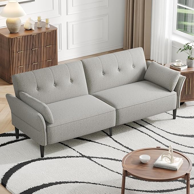 89” Futon Sofa Bed, Linen Comfy Futon Couch Bed with 2 Square Pillows, Convertible Sleeper Sofa with Adjustable Backrest& Armrests, Modern Loveseat Sleeper for Living Room, Bedroom, Light Gray