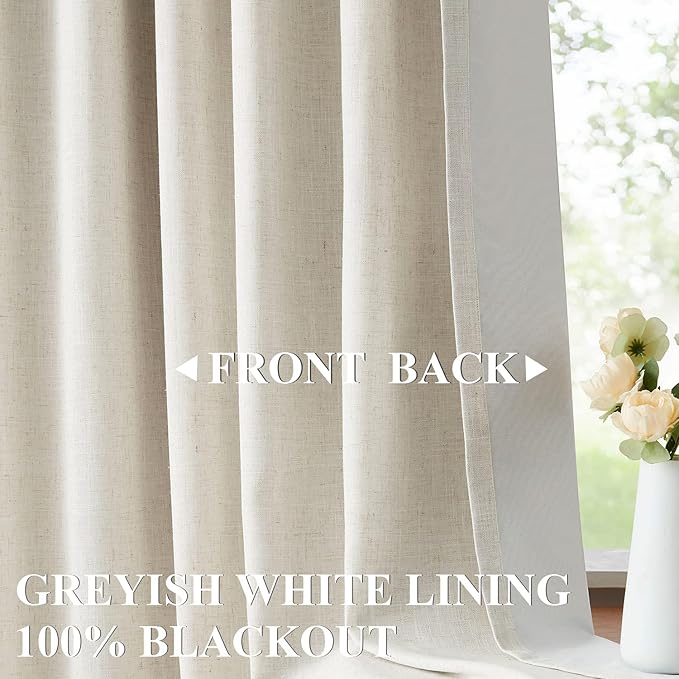 Vision Home Natural Pinch Pleated Full Blackout Curtains Linen Blended Room Darkening Window Curtains 120 inch for Living Room Bedroom Thermal Insulated Pinch Pleat Drapes with Hooks 60" Wx120 Lx1