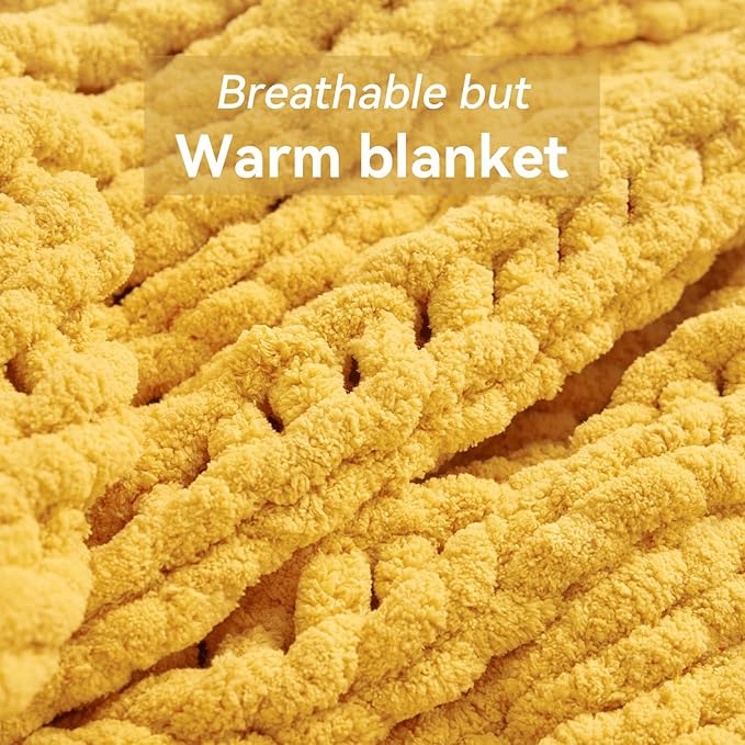 Chunky Knit Throw Blanket, 40''*50'' Knitted Throw Chenille Yarn for Bed Couch, Handmade Yellow Crochet Big Thick Blanket, Machine Washable Cute Comfy Blanket for Home Decor