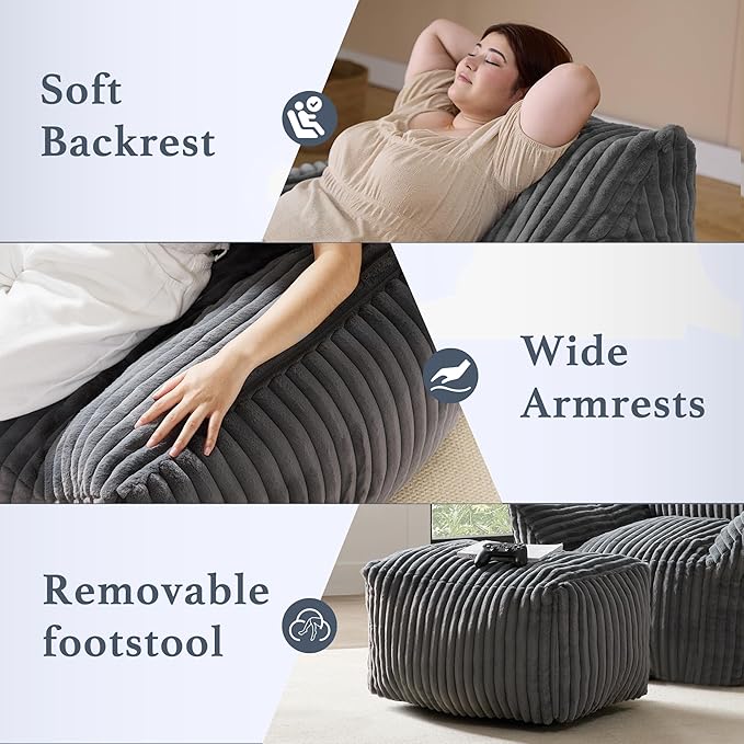 Oversized Bean Bag Chaise Lounge Chair Indoor for Adults with Armrests & Ottoman - Giant Comfy Gray Beanbag Floor Sofa Cloud Accent Chair for Reading, Gaming, Cozy Plush Cloud Mini Couch