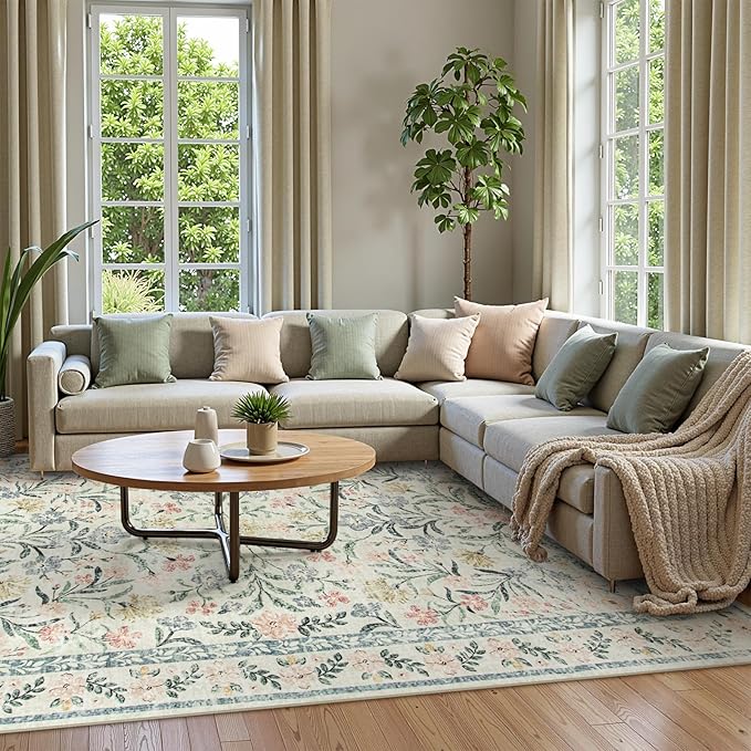 Wonnitar Large Living Room Rug, Floral 10 x 14 Machine Washable Area Rugs, Soft Boho Ultra-Thin Non-Shedding Indoor Aesthetic Carpet for Bedroom Dining Room Office