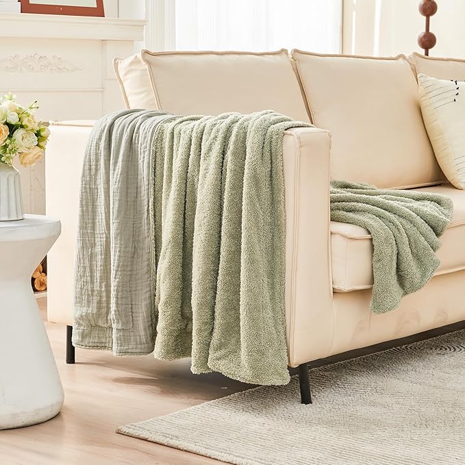 EMME Muslin and Fleece Throw Blanket Reversible - 50"*60" Sage Green Soft Warm Throw Blankets for Couch Bed Picnic Travel Bed